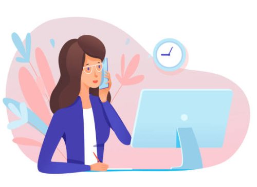 Young woman secretary answering call. Professional specialist talking phone sit at table front of computer monitor. Office workflow. Conversation with client, partner. Vector illustration
