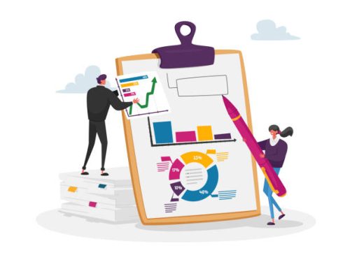 Financial Audit and Literacy. Financier, Banker Advising, Bookkeeping. Tiny Accountant Characters at Huge Clip Board Fill Accounting Data, Counting Debit or Credit. Cartoon People Vector Illustration