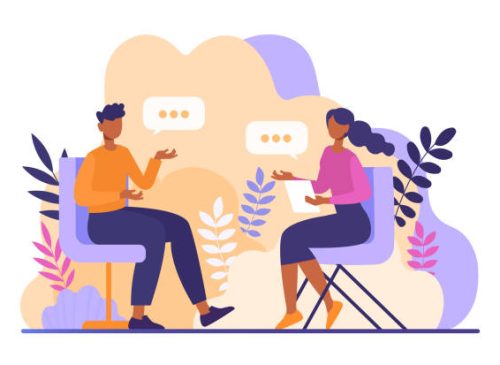 Talk conversation. Man and woman conducting dialogue. Couple exchanges news. Communication of employees or interview with journalist. Cartoon flat vector illustration isolated on white background
