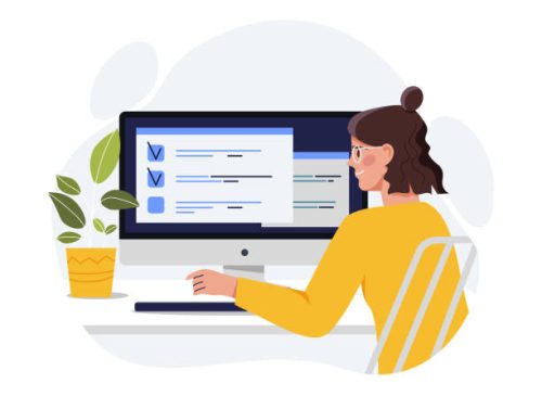 Woman filling form. Character sitting at computer. Freelancer or coworker, employees workplace. Girl provides her data to company, authorization or registration. Cartoon flat vector illustration