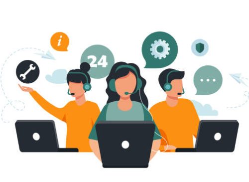 Customer service, hotline operators consult customers with headsets on computers, 247 global online technical support, Call center, call processing system, Vector illustration