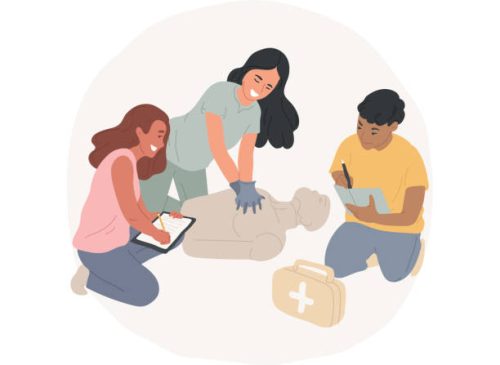 Basic first-aid skills isolated cartoon vector illustration. Medical education, learn basic emergency help, practice doll patient cpr, high school curriculum, training course vector cartoon.
