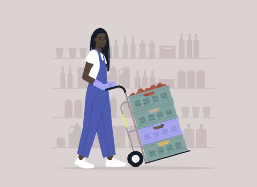 A young character in denim overalls pushing a cart with a stack of crates, supermarket jobs