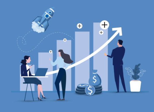 Startup managers presenting and analyzing sales growth chart. Group of workers with heap of cash, rocket, bar diagrams with arrow and heap of money. vector illustration.