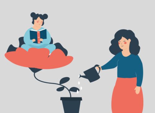 Young mother committed in the progress and development of her daughter. Little girl sits on a big flower and reads a book while her parent waters it. Concept of parenting, education and child care.