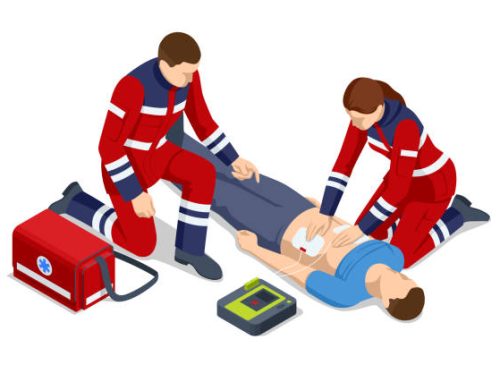 Isometric concept of Cardiac Massage CPR Emergency Aid. Medic character performing chest compressions and artificial ventilation. Ambulance responders and medics attending to the patient